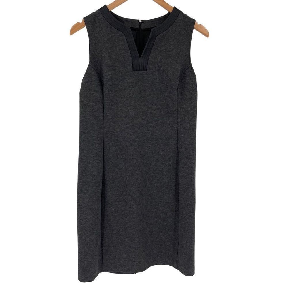 Ann Taylor Sleeveless Faux‎ Leather Trim V-Neck Sheath Dress Mini 8 Petite Gray